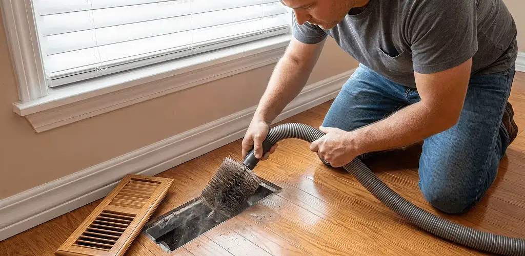 Air duct cleaning technician vacuuming a floor vent and duct opening in Tampa, FL