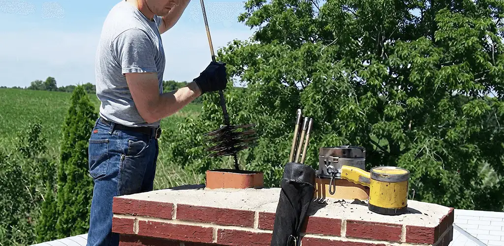 Chimney cleaning technician working on a rooftop chimney with professional tools in Tampa, FL