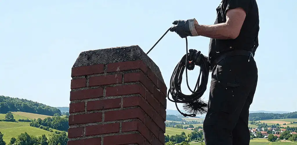 Chimney sweep inspecting and cleaning a rooftop chimney in Tampa, FL