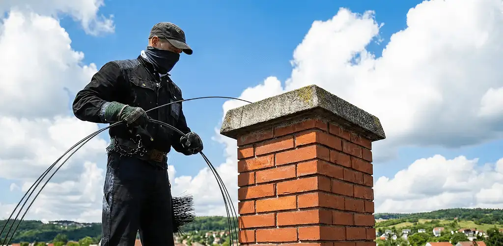 Chimney sweep cleaning a brick chimney with professional tools in Tampa, FL
