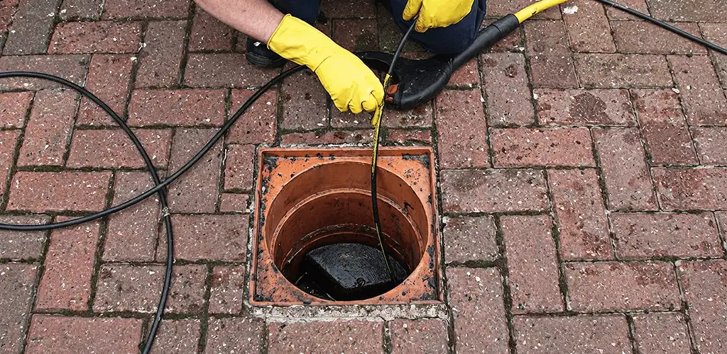 Drain cleaning technician using a drain snake to clear a clogged drain in Tampa, FL
