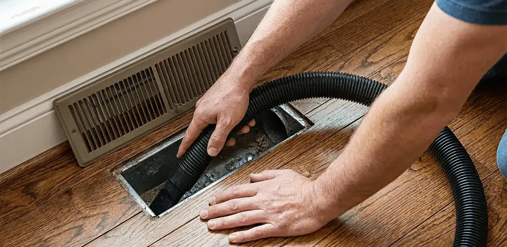 Air duct cleaning technician vacuuming a floor register and duct opening in Tampa, FL