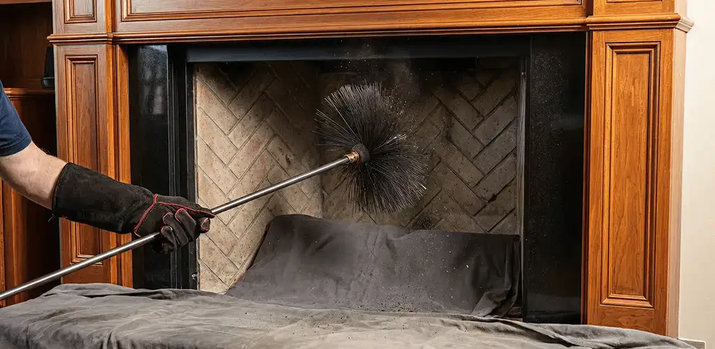 Chimney cleaning service brushing soot from a fireplace and flue in Tampa, FL