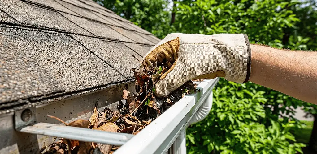 Gutter cleaning removing leaves and debris from roof gutters in Tampa, FL