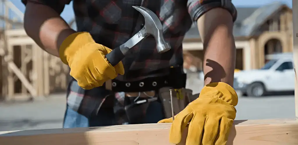 Handyman fixing wood trim with a hammer for home repairs in Tampa, FL