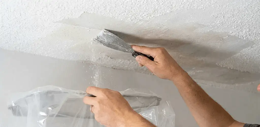 Popcorn ceiling removal technician scraping texture from a ceiling in Tampa, FL