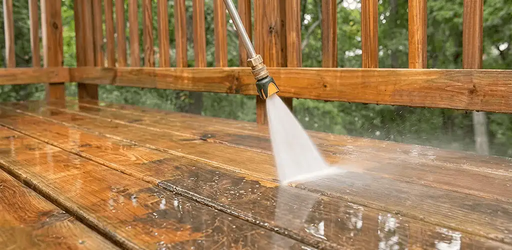 Pressure washing a wood deck to remove dirt and buildup in Tampa, FL