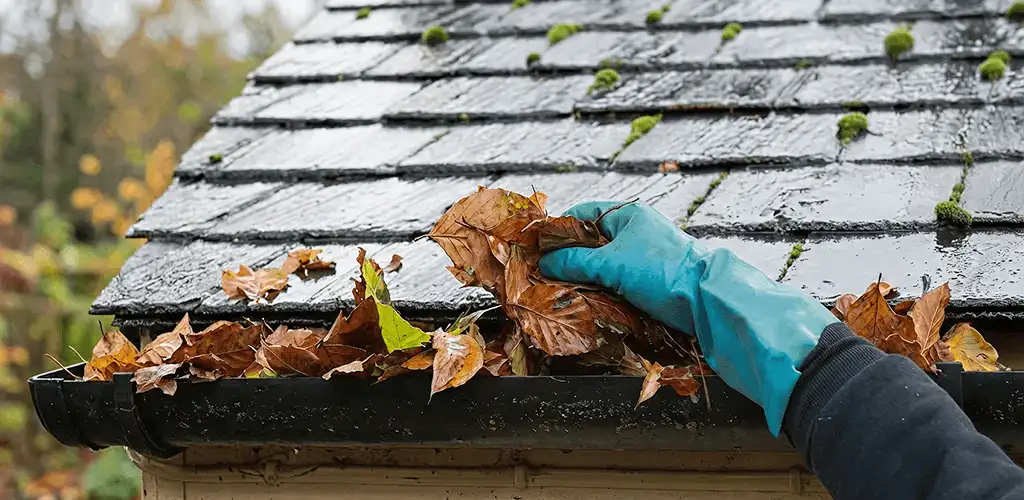 Gutter cleaning technician clearing wet leaves from roof gutters in Tampa, FL