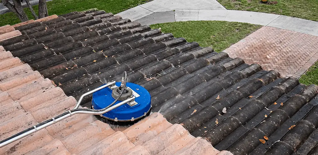 Roof pressure cleaning removing debris and buildup from roof tiles in Tampa, FL