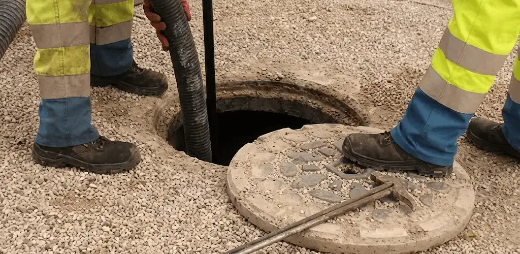 Drain cleaning crew clearing a sewer access point with professional equipment in Tampa, FL