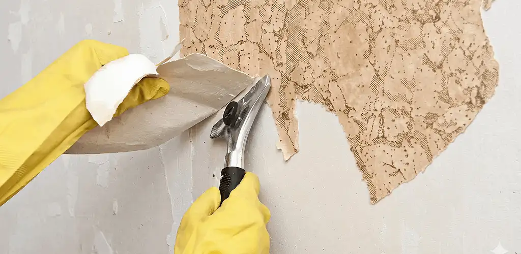 Wallpaper removal service stripping old wallpaper from a wall in Tampa, FL