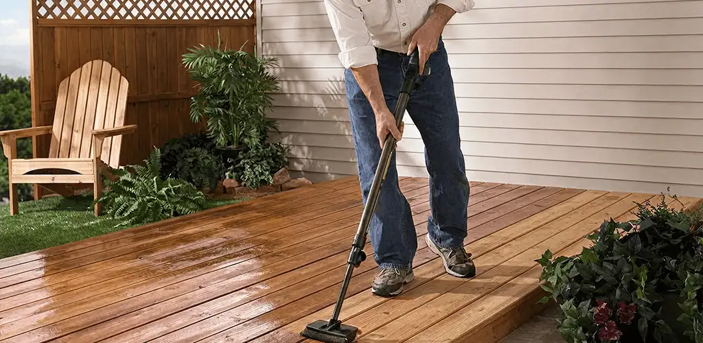 Deck staining service applying stain to a backyard wood deck in Tampa, FL